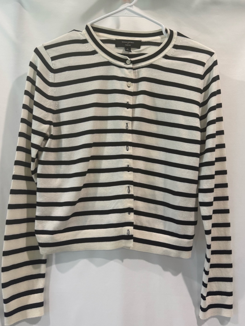 Banana Republic Black and Cream Striped Button-Front Cardigan size small